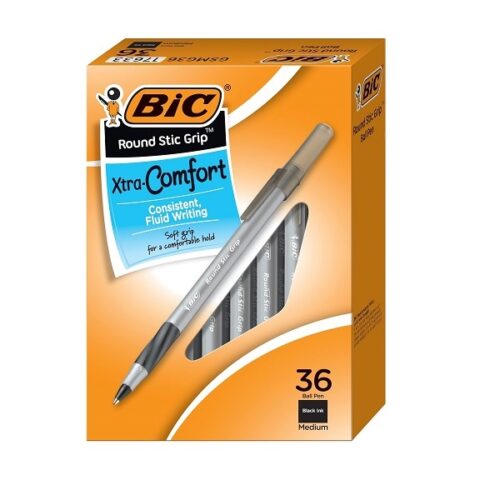 BIC Round Stic Grip Xtra Comfort Ball Pen, Medium Point (1.2 mm), Black, 36-Count
