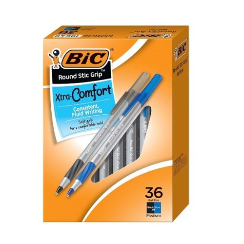 BIC Round Stic Grip Xtra Comfort Ballpoint Pen, Medium Point (1.2mm), Black & Blue, Soft Grip For Added Comfort And Control, 36-Count